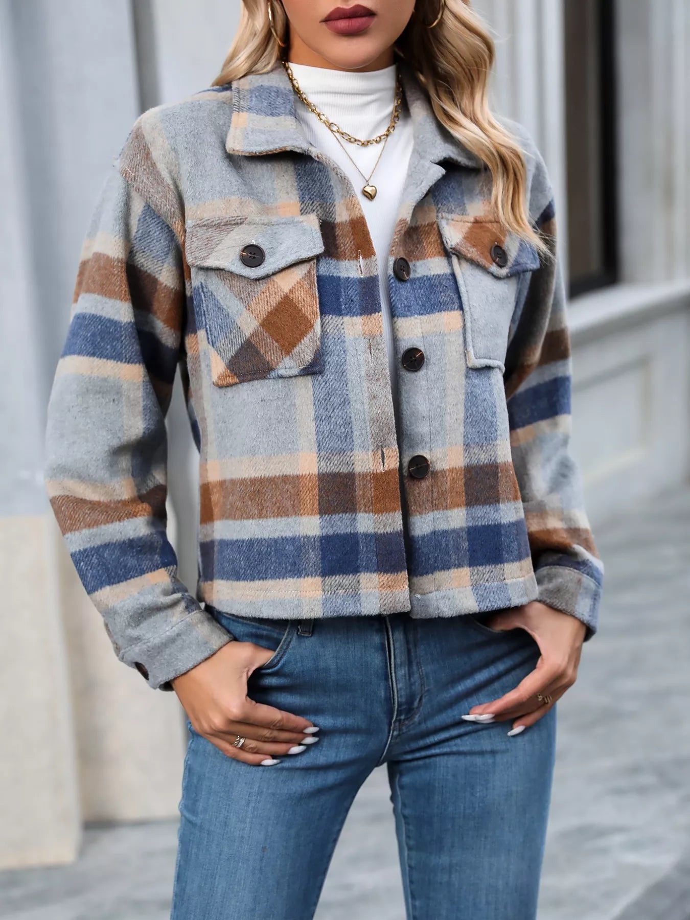 Plaid Oversized Button-Up Cropped Jacket