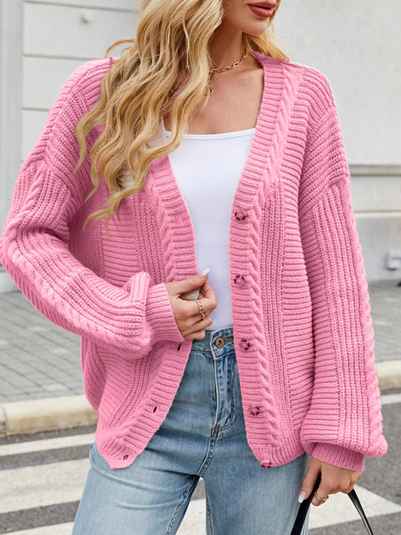 Button Up Long Sleeve Cardigan Pink