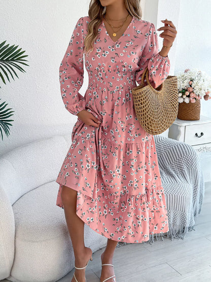 Floral Print Long Sleeve V-Neck Midi Dress