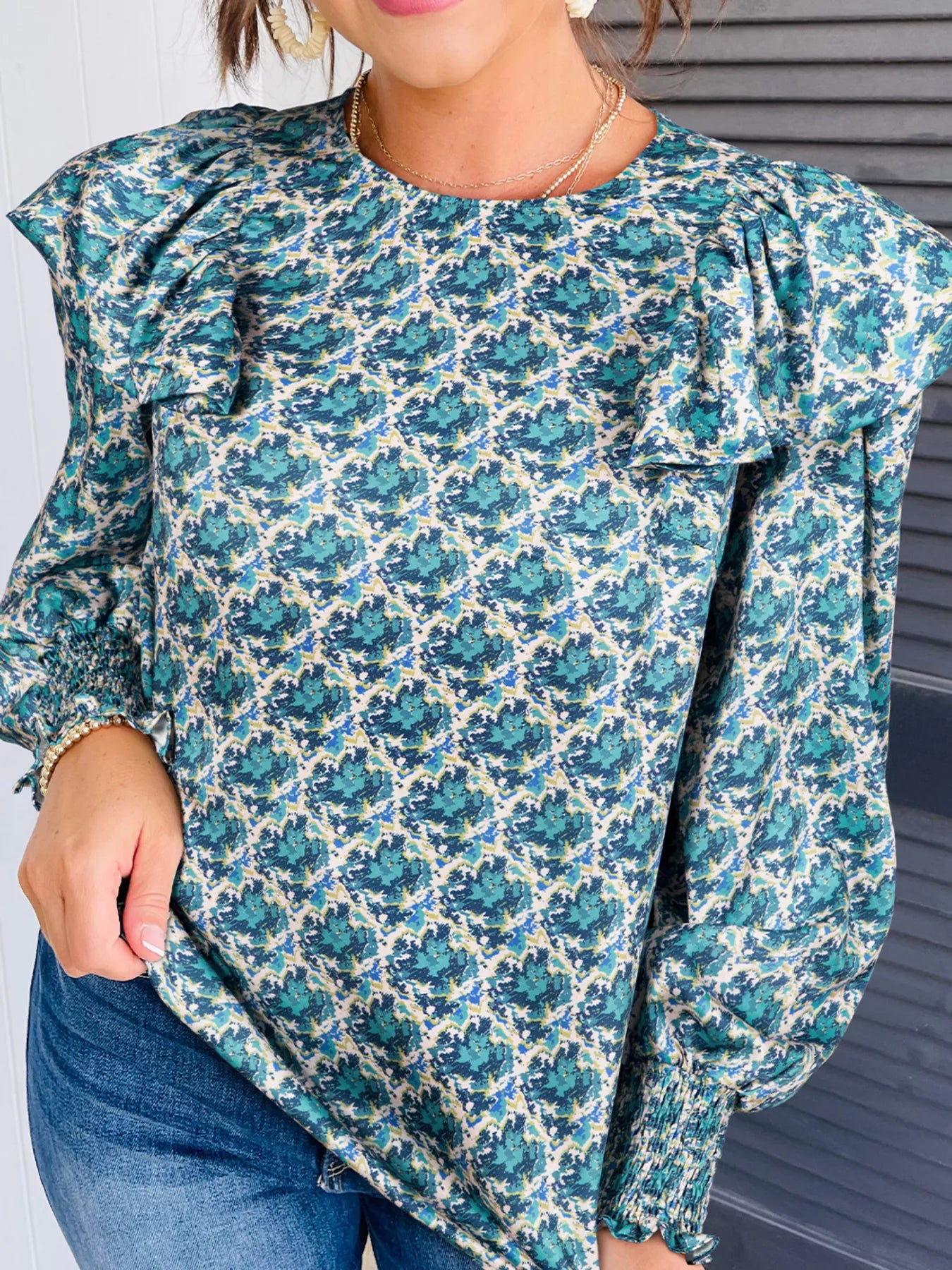 Abstract Print Shirred Cuff Ruffled Puff Sleeve Blouse Turquoise