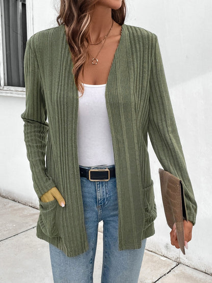 Pocketed Open Front Long Sleeve Cardigan Matcha Green