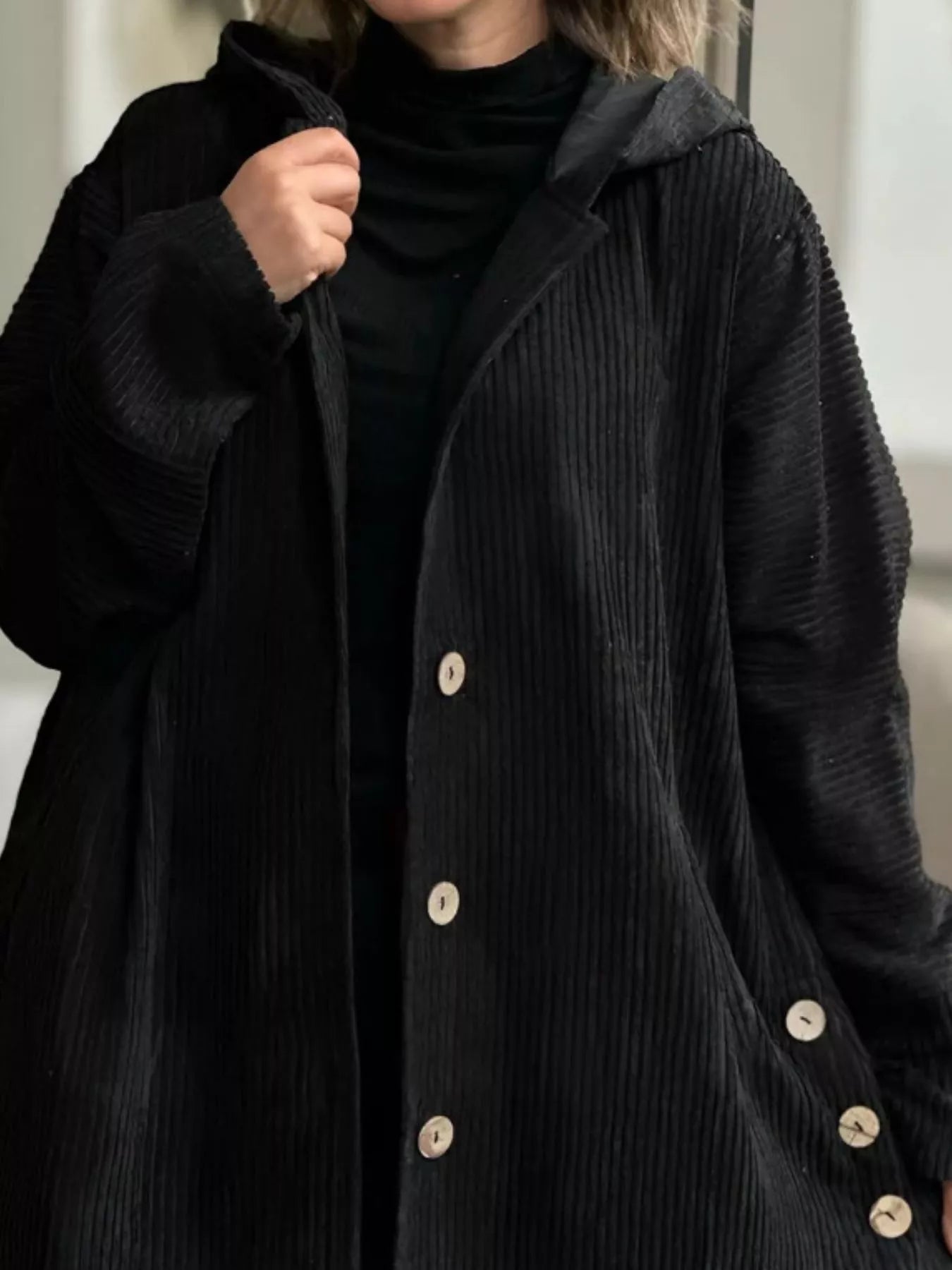 Full Size Corduroy Hooded Button-Up Jacket Plus Size Black