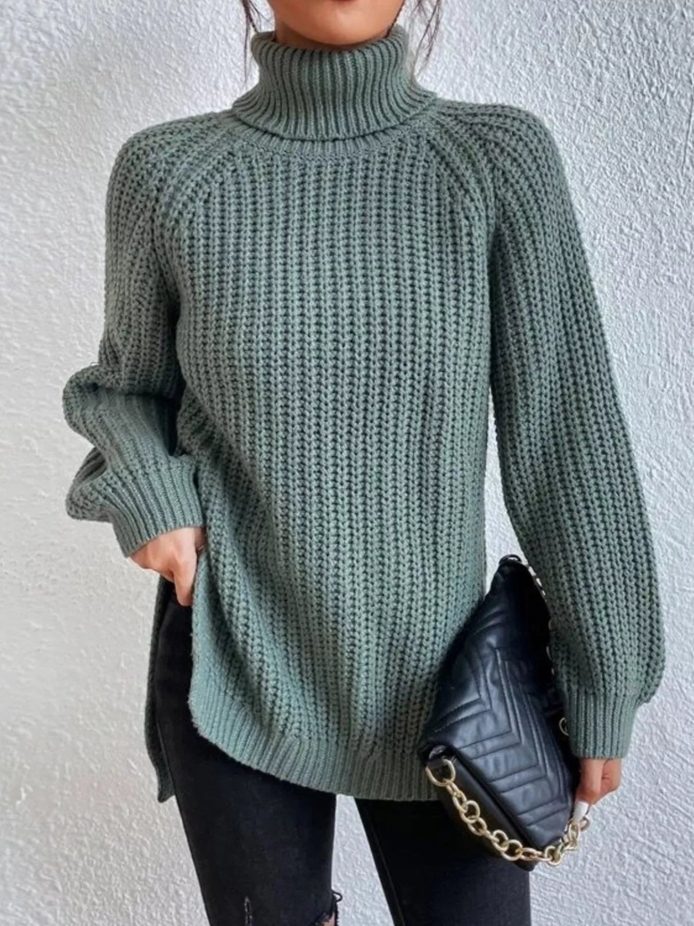 Full Size Turtleneck Long Sleeve Sweater Plus Size Light Green