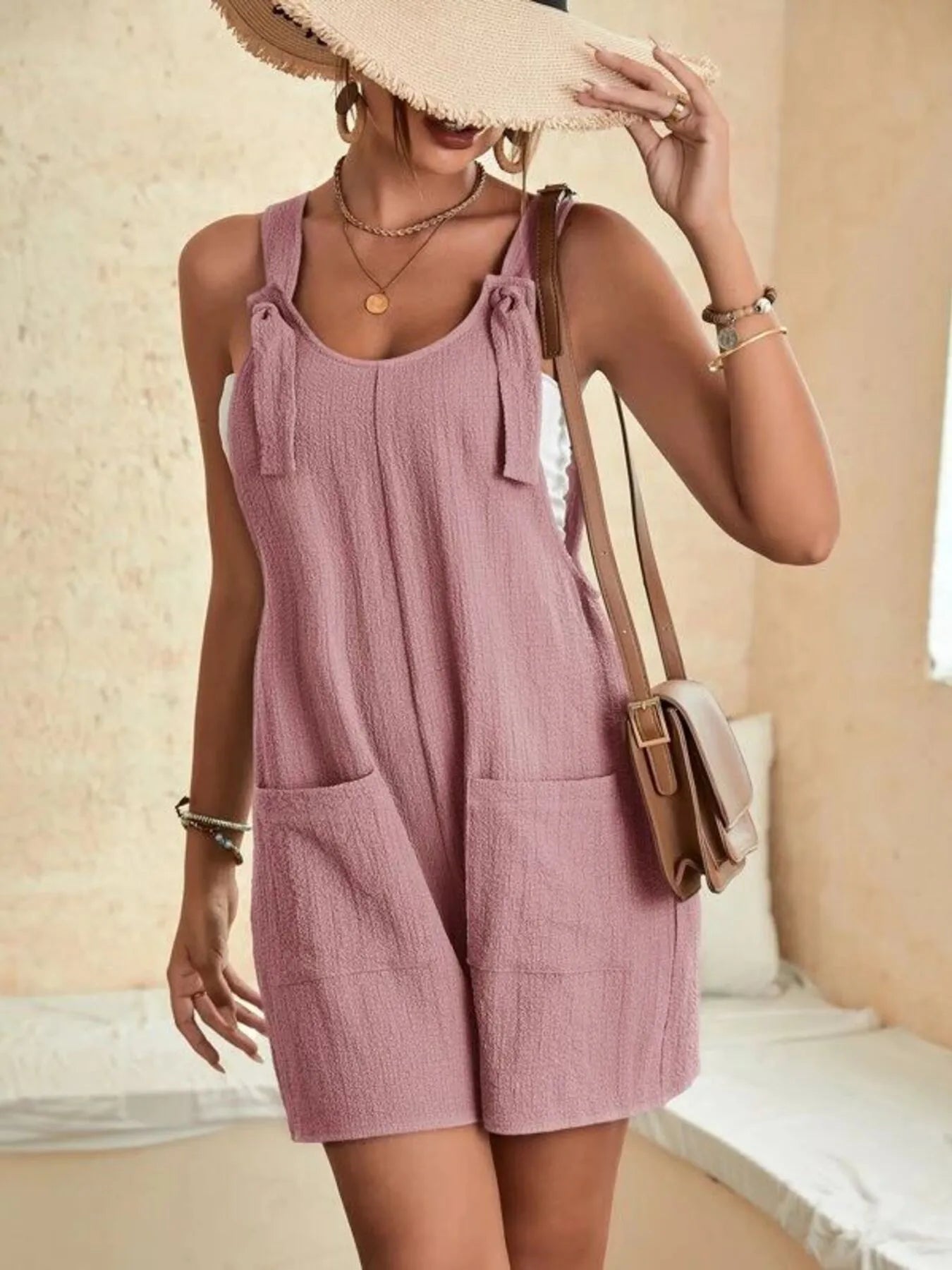 Full Size Knot Strap Romper with Pockets Plus Size