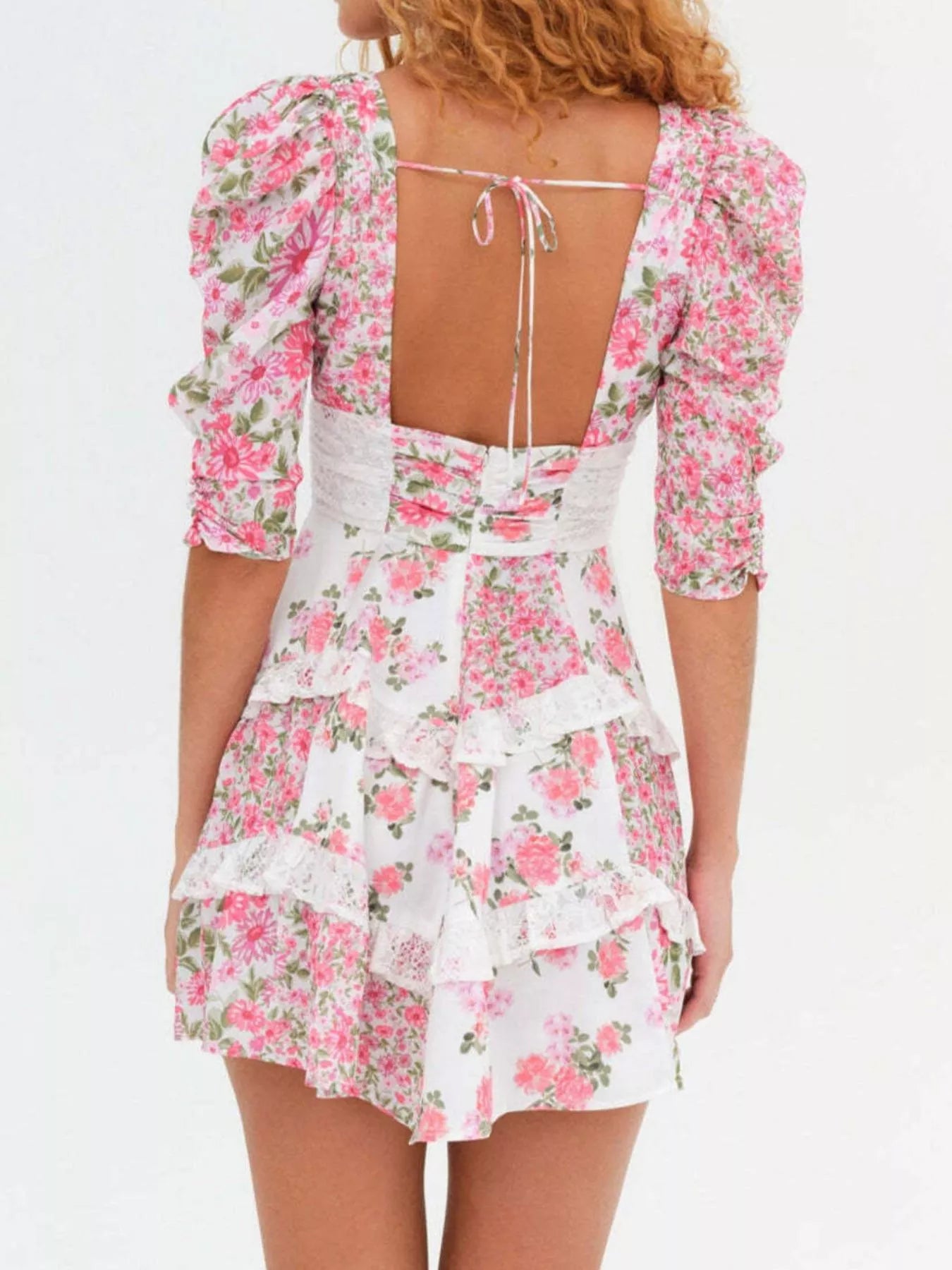 Ruffled Floral Print Half Sleeve Dress