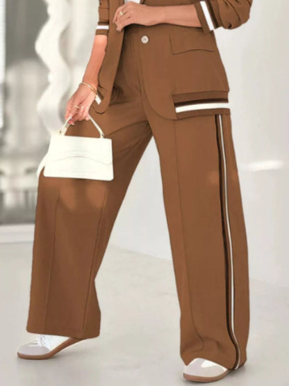 Full Size Striped Trim Button Down Jacket and Pants Set Plus Size