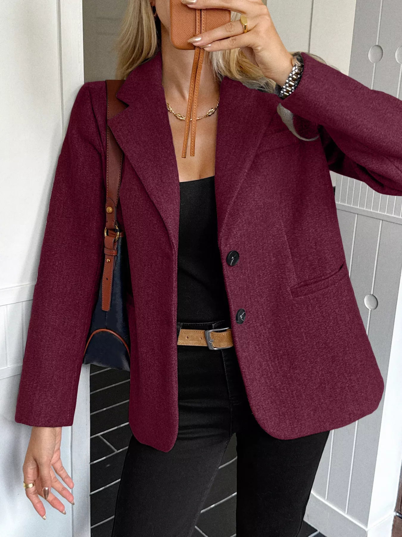 Lapel Collar Button Up Blazer Burgundy
