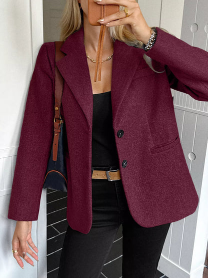 Lapel Collar Button Up Blazer Burgundy