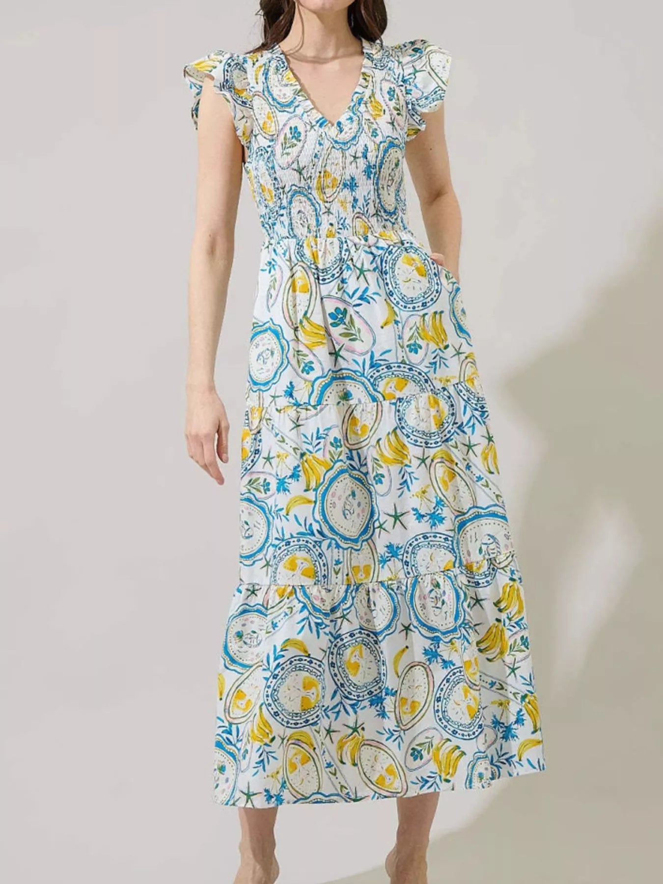 Ruffled V-Neck Tiered Midi Dress Teal