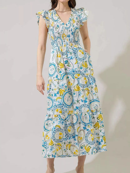 Ruffled V-Neck Tiered Midi Dress Teal