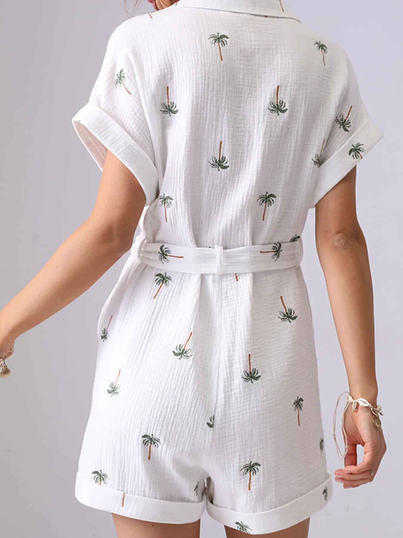Palm Tree Print Short Sleeve Button-Up Romper with Belt