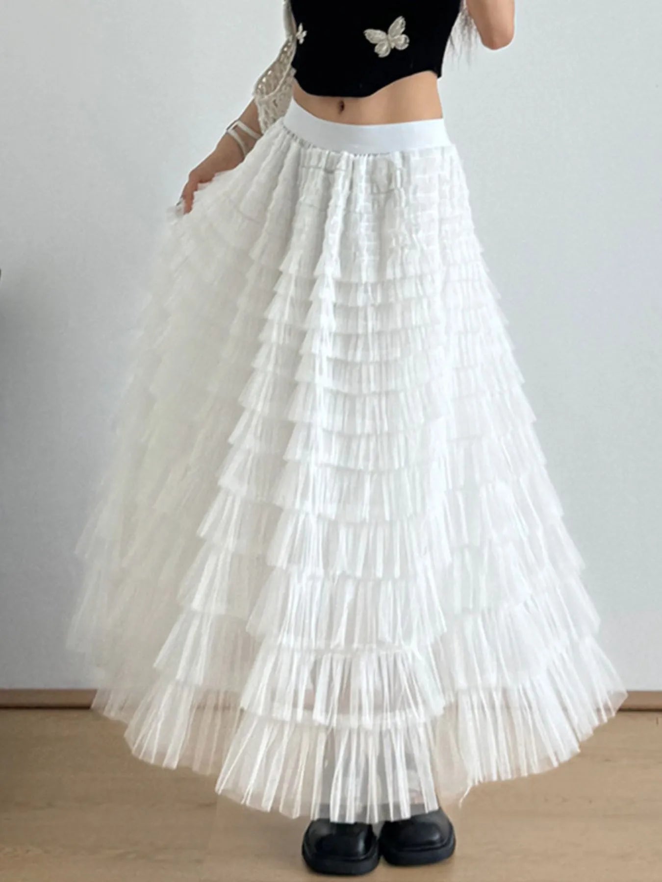 Tiered Tulle Maxi Skirt White One Size