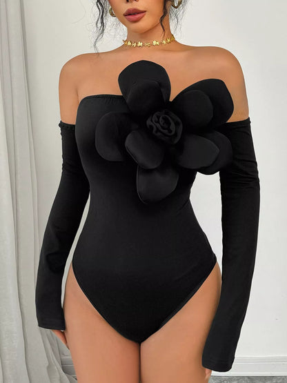 Flower Off-Shoulder Long Sleeve Bodysuit Black