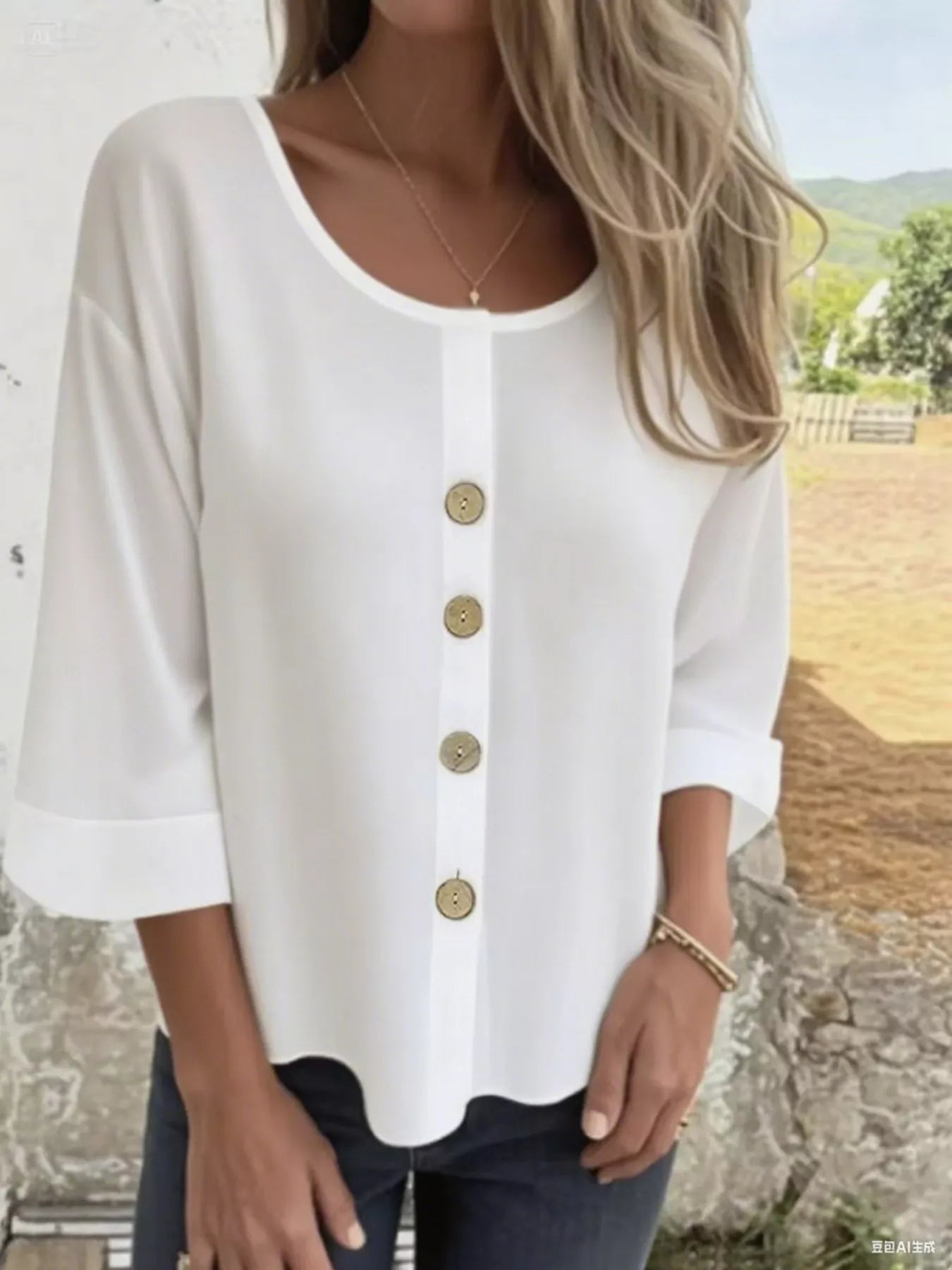 Full Size Button-Front 3/4 Sleeve Casual Blouse Plus Size White