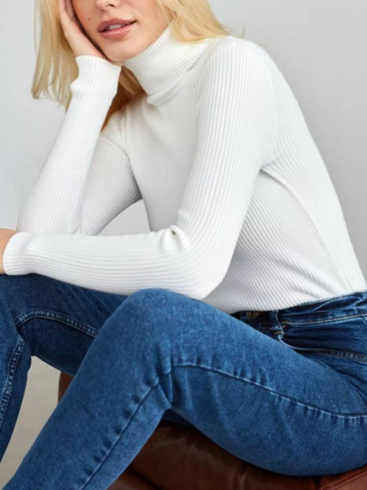 Full Size Ribbed Knit Turtleneck Sweater Plus Size White