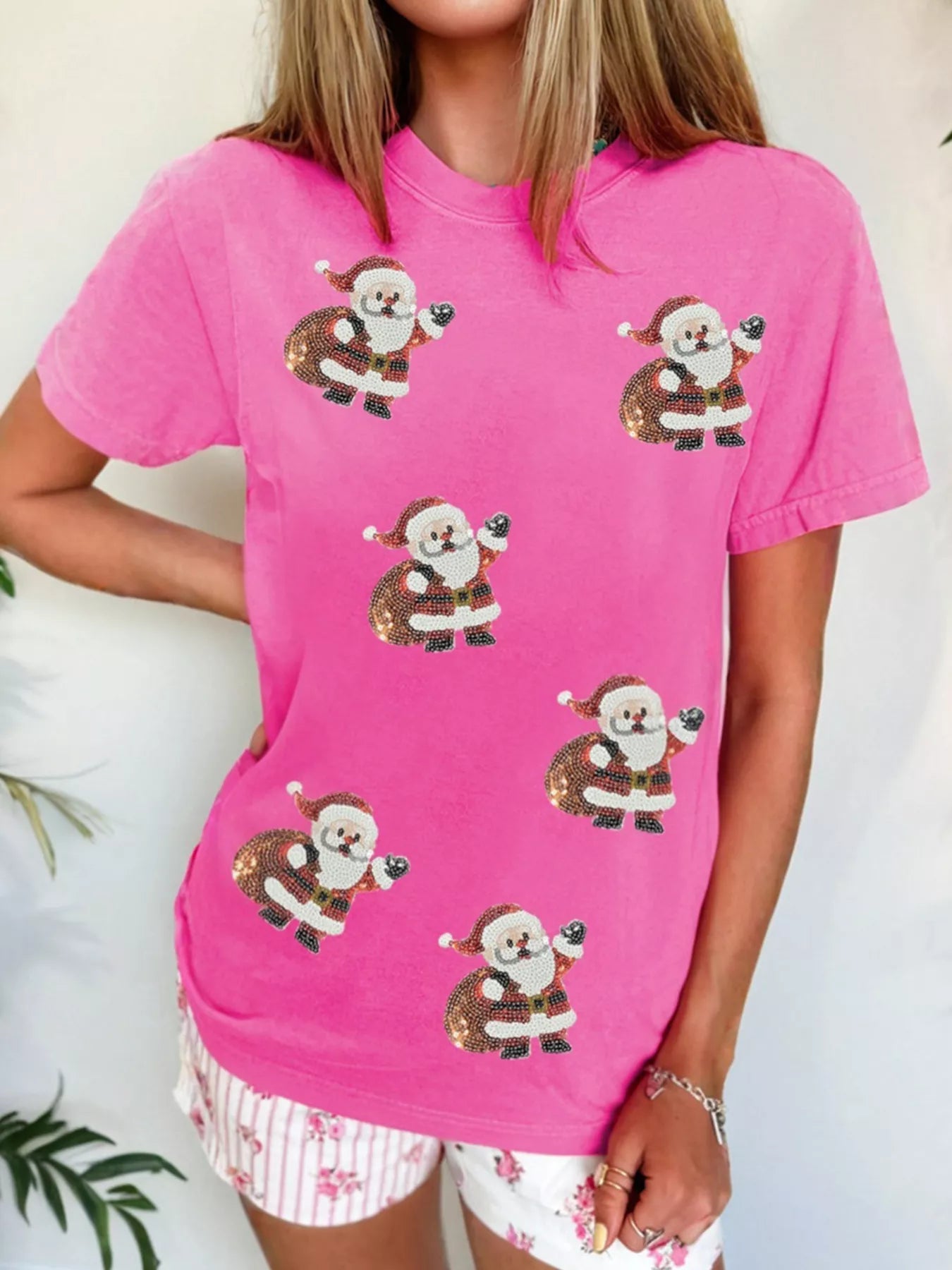 Santa Claus Deliver Gifts Sequin Short Sleeve Tee Fuchsia Pink