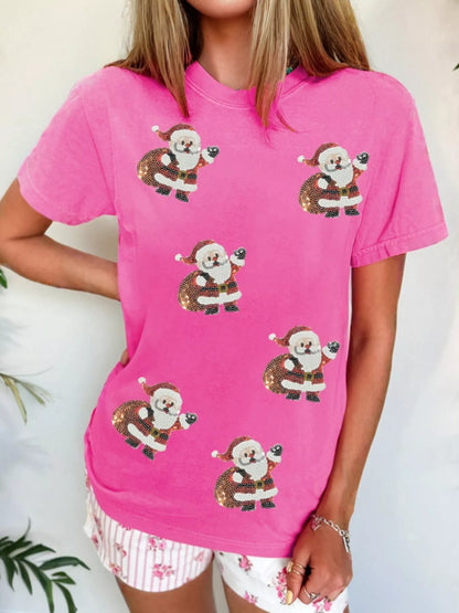 Santa Claus Deliver Gifts Sequin Short Sleeve Tee Fuchsia Pink