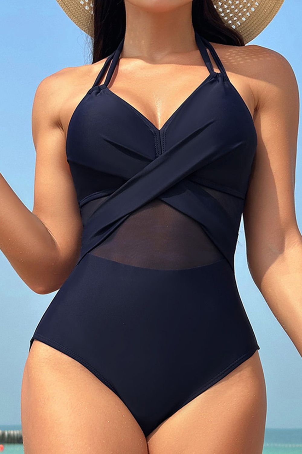 Crisscross Halter Neck One-Piece Swimwear Dark Blue