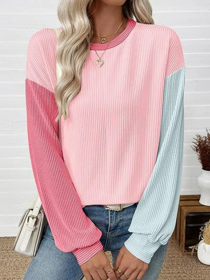 Color Block Ribbed Long Sleeve T-Shirt Pink Light blue