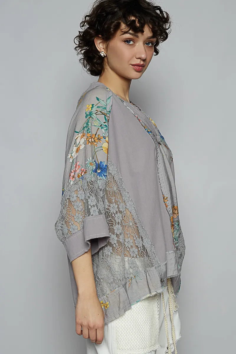 POL Floral V-Neck Raw Edge T-Shirt with Lace Detail