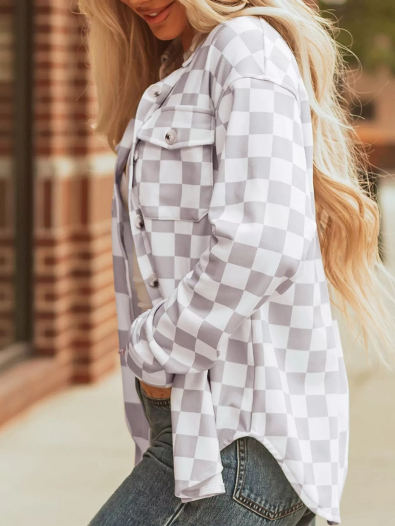 Checkerboard Flap Pocket Button Front Shacket