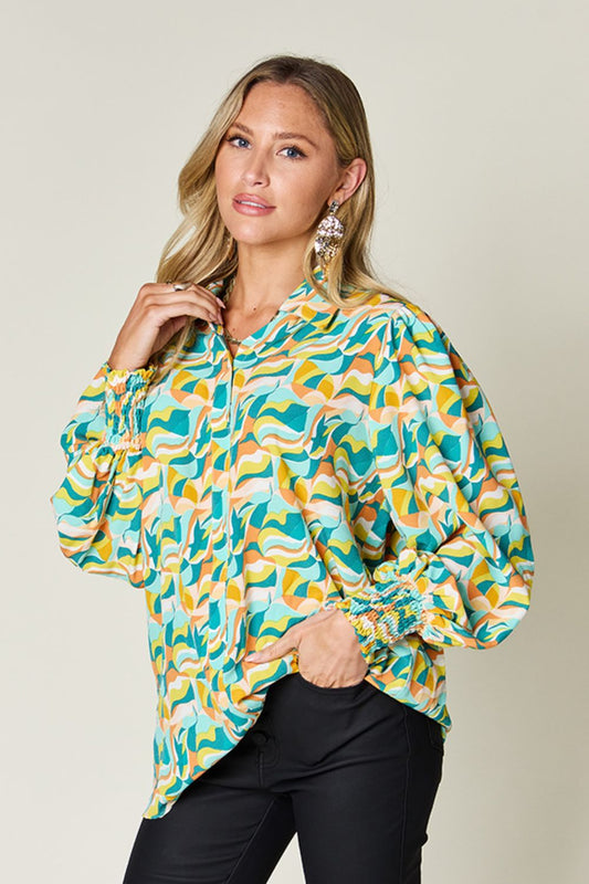 Printed Smocked Long Sleeve Top Teal