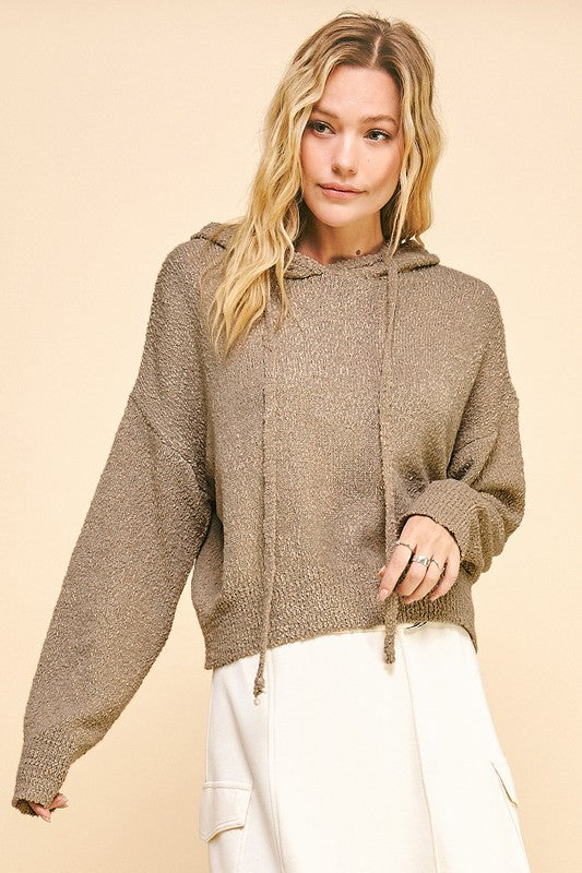 Back To School Sweater - Davi & Dani Drop Shoulder Long Sleeve Hooded Sweater Camel