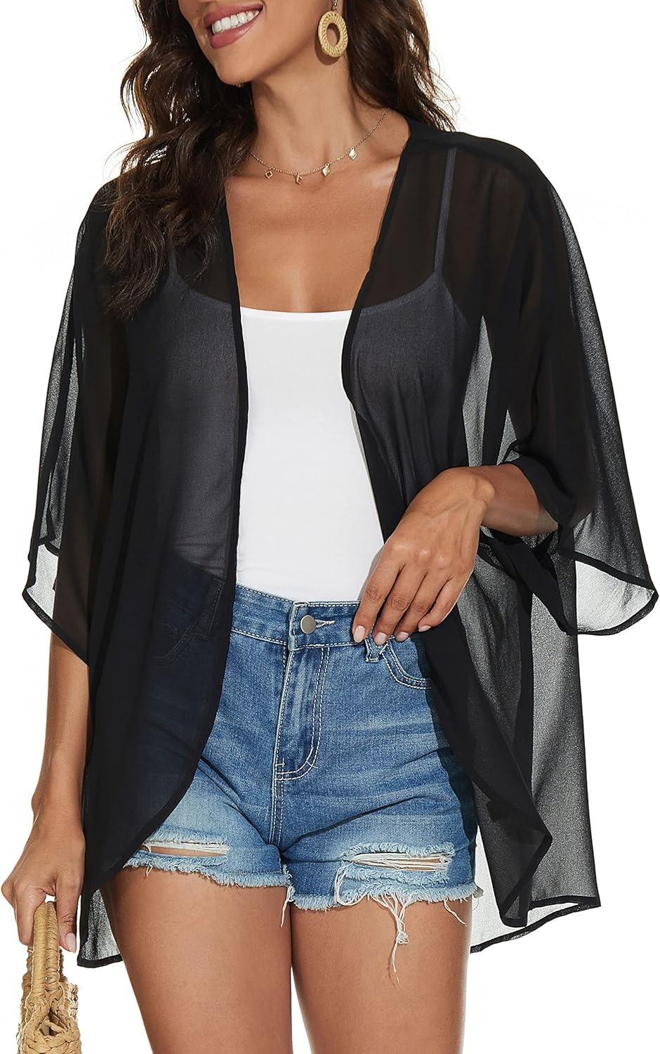 Floral Print Kimono Cardigan Women Puff Sleeve Cover Up Casual Blouse Loose Top 5X-Large B Solid Black