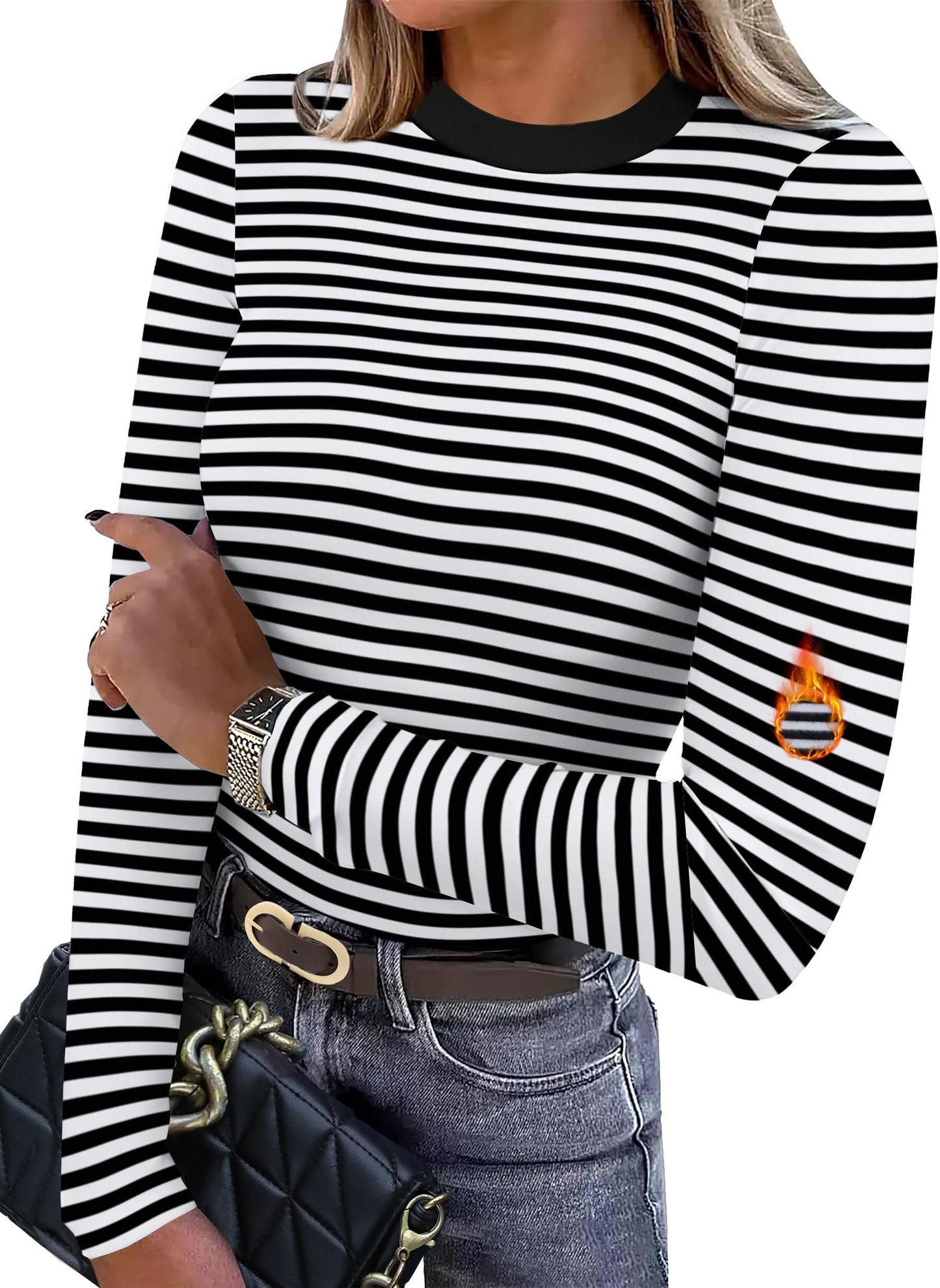Women's Long Sleeve Thermal Shirt - Fleece Mock Neck Slim Fit Top F-stripe Black