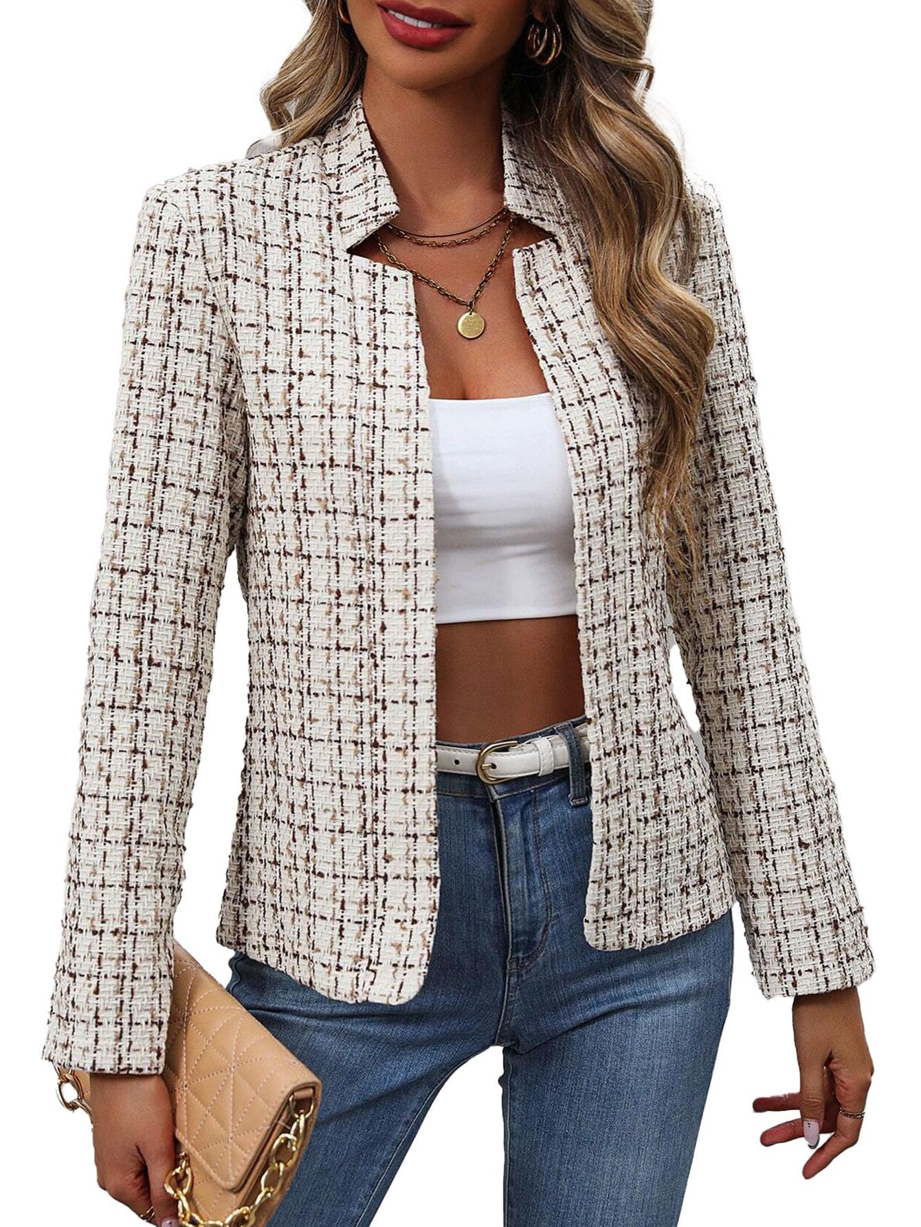 Women's Tweed Blazer Jacket - Open Front Stand Collar Professional Work Coat