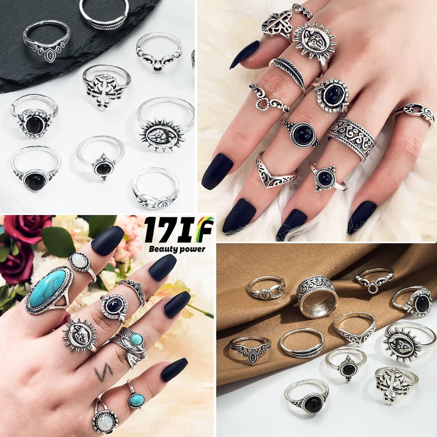 Vintage Silver Knuckle Rings Set 42 Pieces Adjustable Gothic Stackable Rings