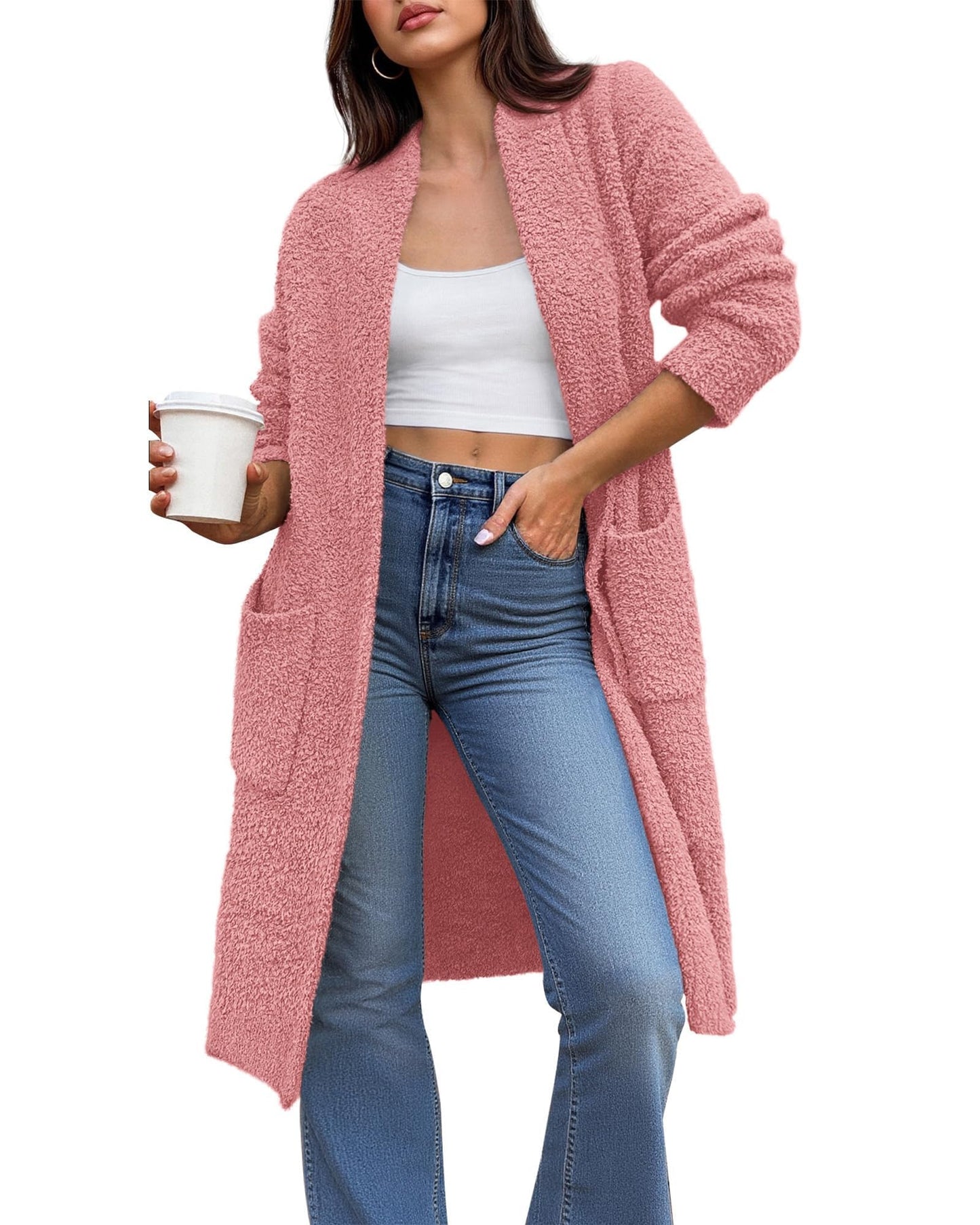 Women's Long Cardigan Sweater - Open Front Oversized Knit Coat with Pockets Pink