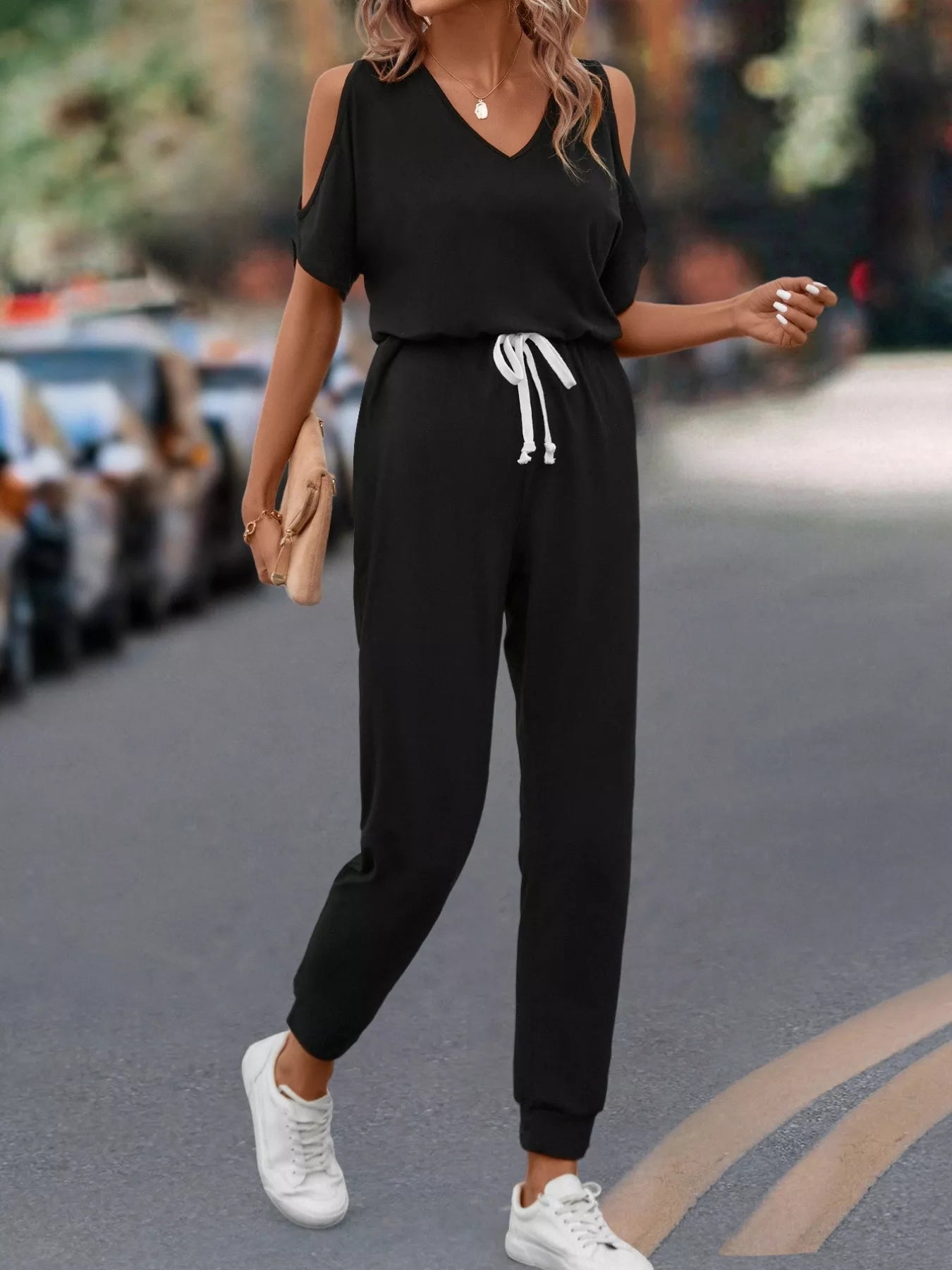 Cold Shoulder V-Neck Drawstring Waist Jumpsuit