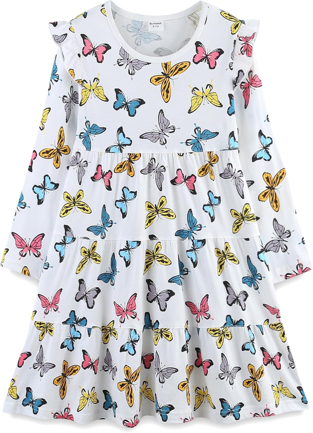Bumeex Girl's Dresses Cotton Ruffle Sleeve Tiered Swing A-Line Cute Midi Casual Sundress #White Butterfly