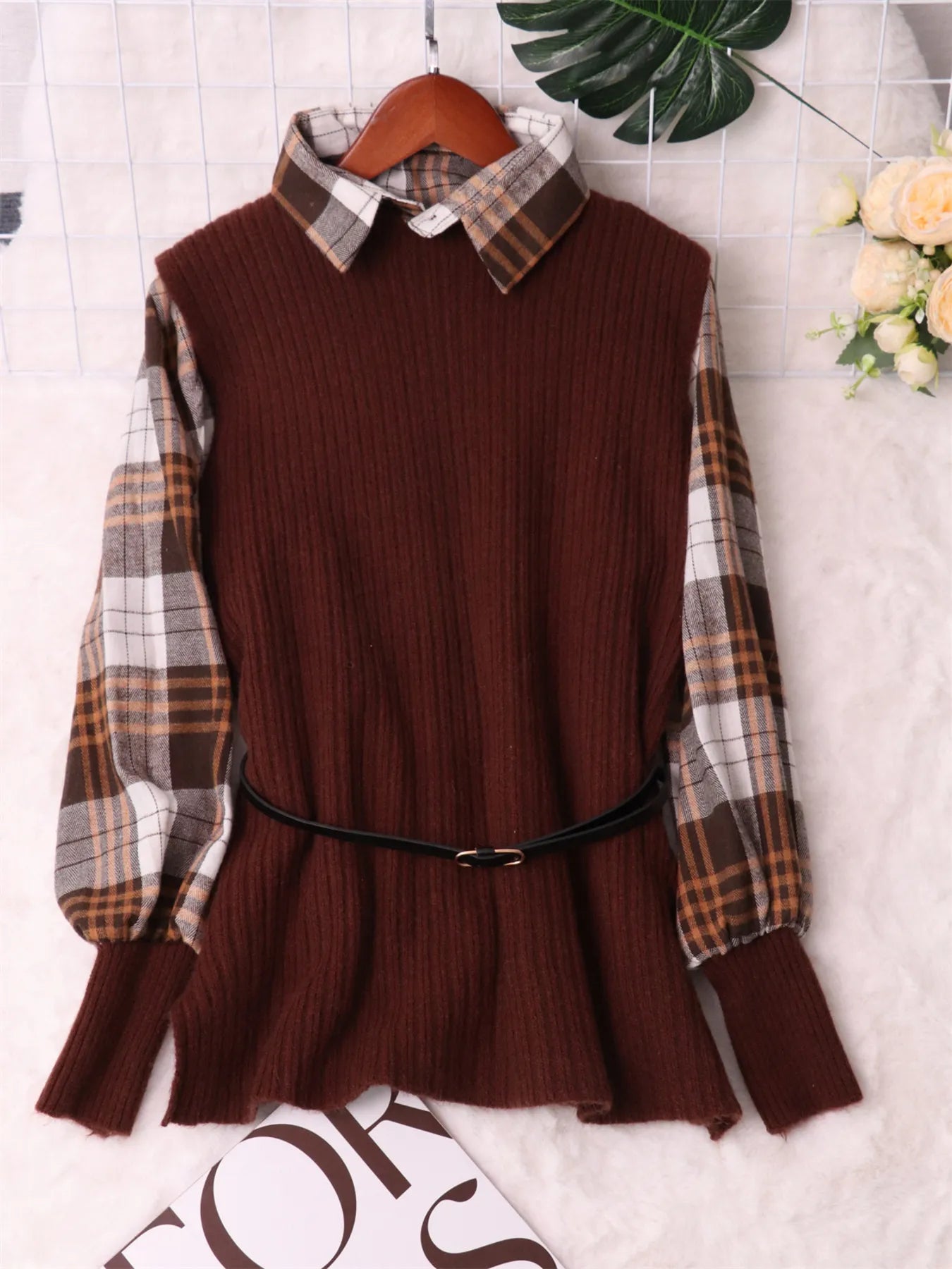 Plaid Long Sleeve Sweater Dress Khaki One Size