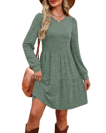 Women's Long Sleeve Fall Dresses with Pockets - Crew Neck Babydoll Casual Dress