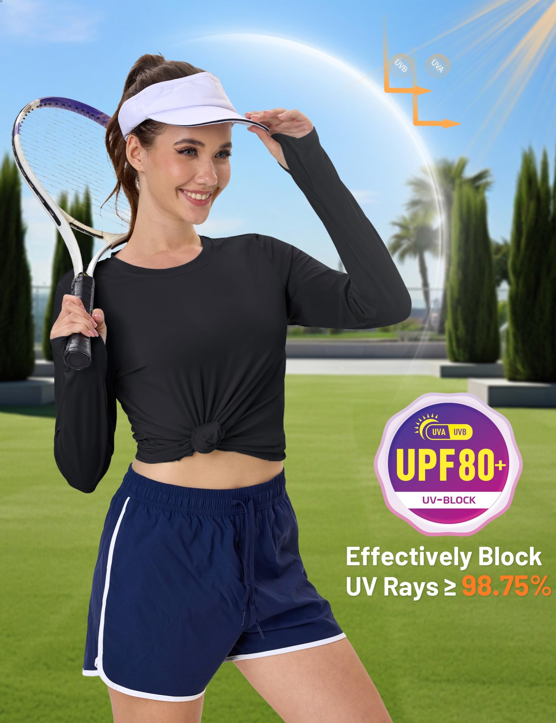 Women's UPF 80+ Long Sleeve Rash Guard - Quick Dry Athletic Shirt with Thumb Holes