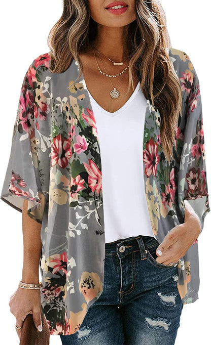 Floral Print Kimono Cardigan Women Puff Sleeve Cover Up Casual Blouse Loose Top