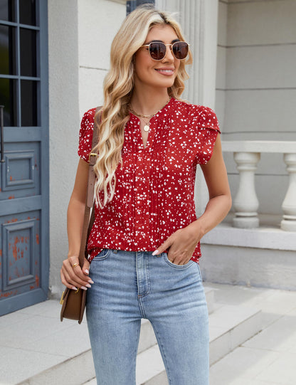 Beautiful Blouses For Ladies - Women's V-Neck Blouse with Pintuck Detail Short Petal Sleeve Business Top
