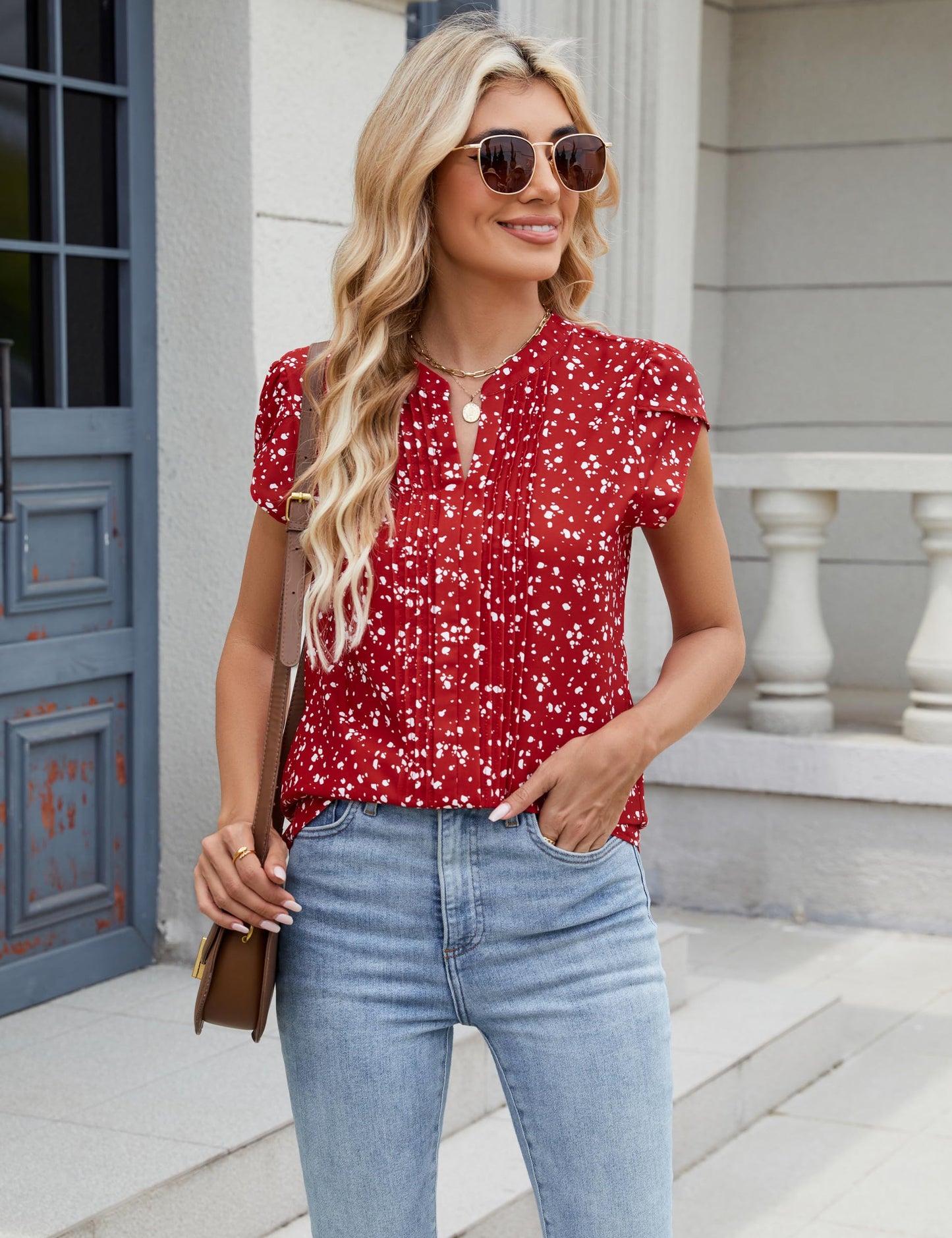 Beautiful Blouses For Ladies - Women's V-Neck Blouse with Pintuck Detail Short Petal Sleeve Business Top