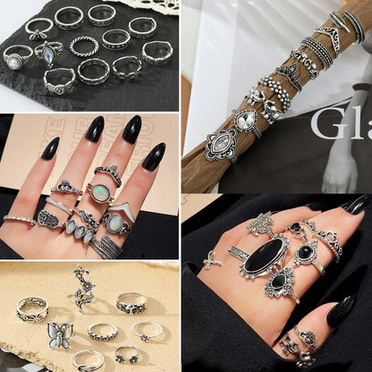 Vintage Silver Knuckle Rings Set 42 Pieces Adjustable Gothic Stackable Rings