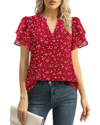 Polyester Blouses - Women's Chiffon Blouse V-Neck Puff Sleeve Summer Top for Work and Casual Wear Red Dot
