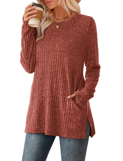 Women's Crewneck Sweater with Pockets - Long Sleeve Tunic Top with Side Slits