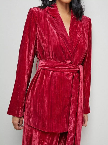 Velvet Lapel Collar Blazer & Pants Set Burgundy