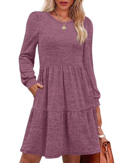 Women's Long Sleeve Fall Dresses with Pockets - Crew Neck Babydoll Casual Dress