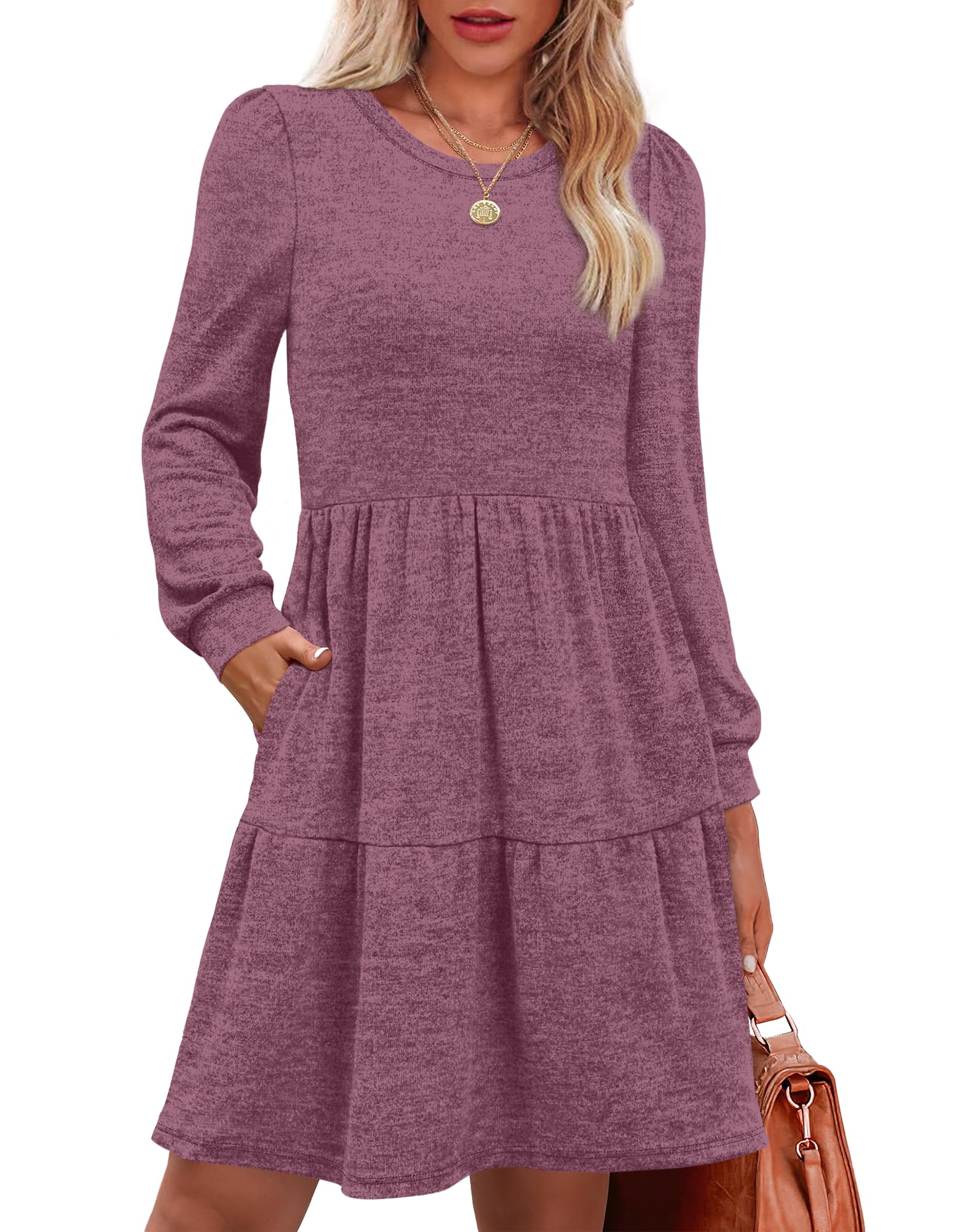 Women's Long Sleeve Fall Dresses with Pockets - Crew Neck Babydoll Casual Dress