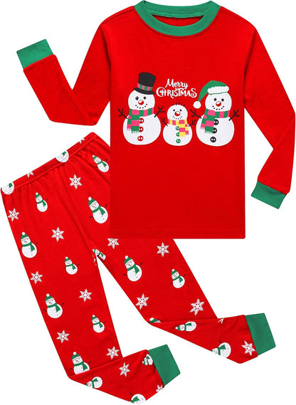 Kids Cotton Pajamas 2 Piece Set - Soft Sleepwear for Boys and Girls Christmas Snowman Red