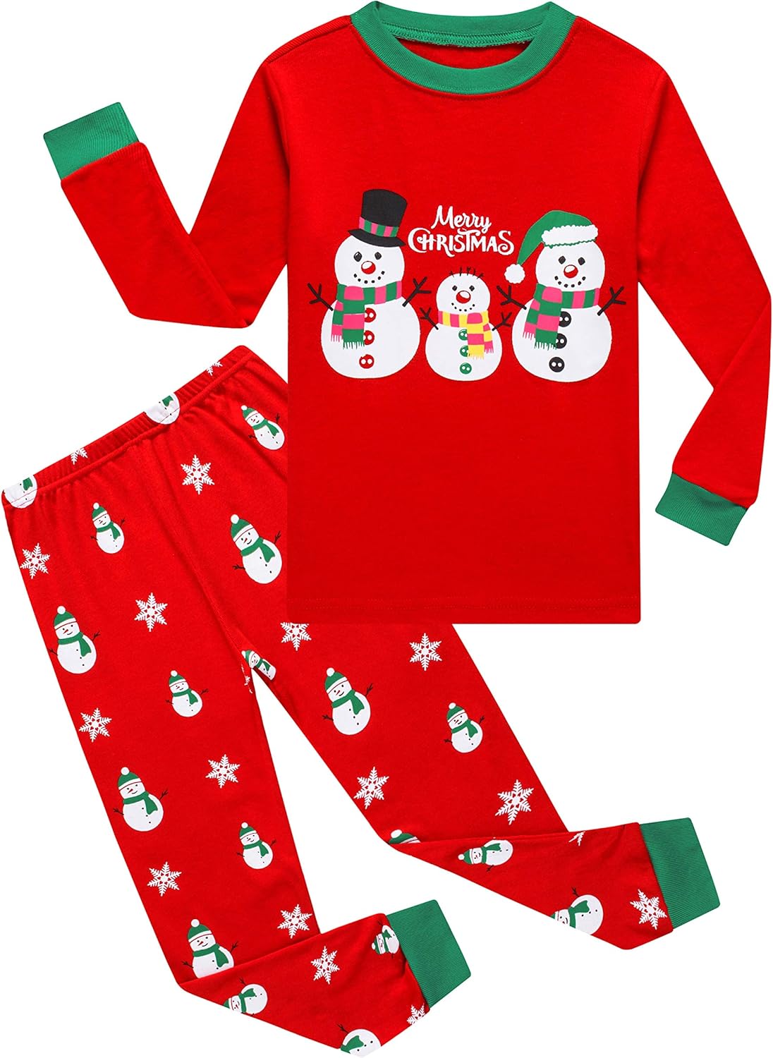 Kids Cotton Pajamas 2 Piece Set - Soft Sleepwear for Boys and Girls Christmas Snowman Red