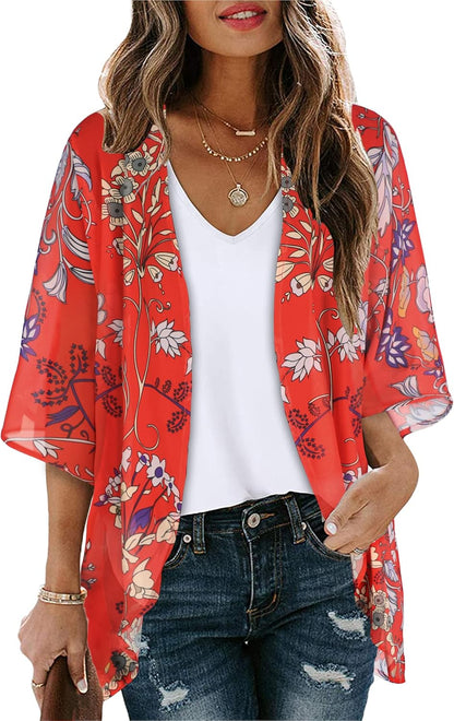 Floral Print Kimono Cardigan Women Puff Sleeve Cover Up Casual Blouse Loose Top