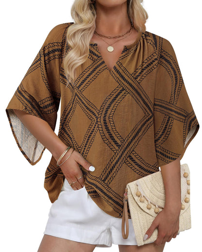Big & Tall Clothing - Women's 3/4 Sleeve V-Neck Bohemian Peasant Blouse Loose Fit Tunic Top